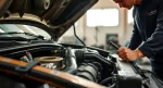A close-up of a car engine being inspected by a mechanic in a well-lit garage, with tools scattered neatly on a workbench, soft natural light from a window highlighting metal textures and oil stains, realistic details, no text or labels visible